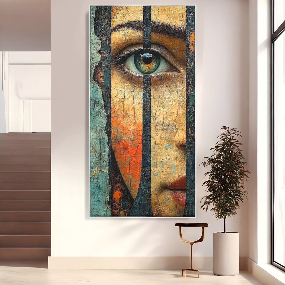 Tablou canvas cu tablou canvas cu ochi printre gratii, in rama de aluminiu argintiu